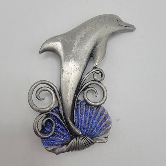 VTG JJ Jonette Jewelry‎ Jumping DOLPHIN Purple Glitter Shell Pewter Brooch Pin - Picture 1 of 3